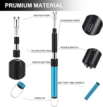 Electric Retractable Long Arc Lighter, 11.4-27.55in 360 Rotatable Flameless Windproof USB Rechargeable Electronic Stick Lighter for Candle, Stove, BBQ Grill, Blue