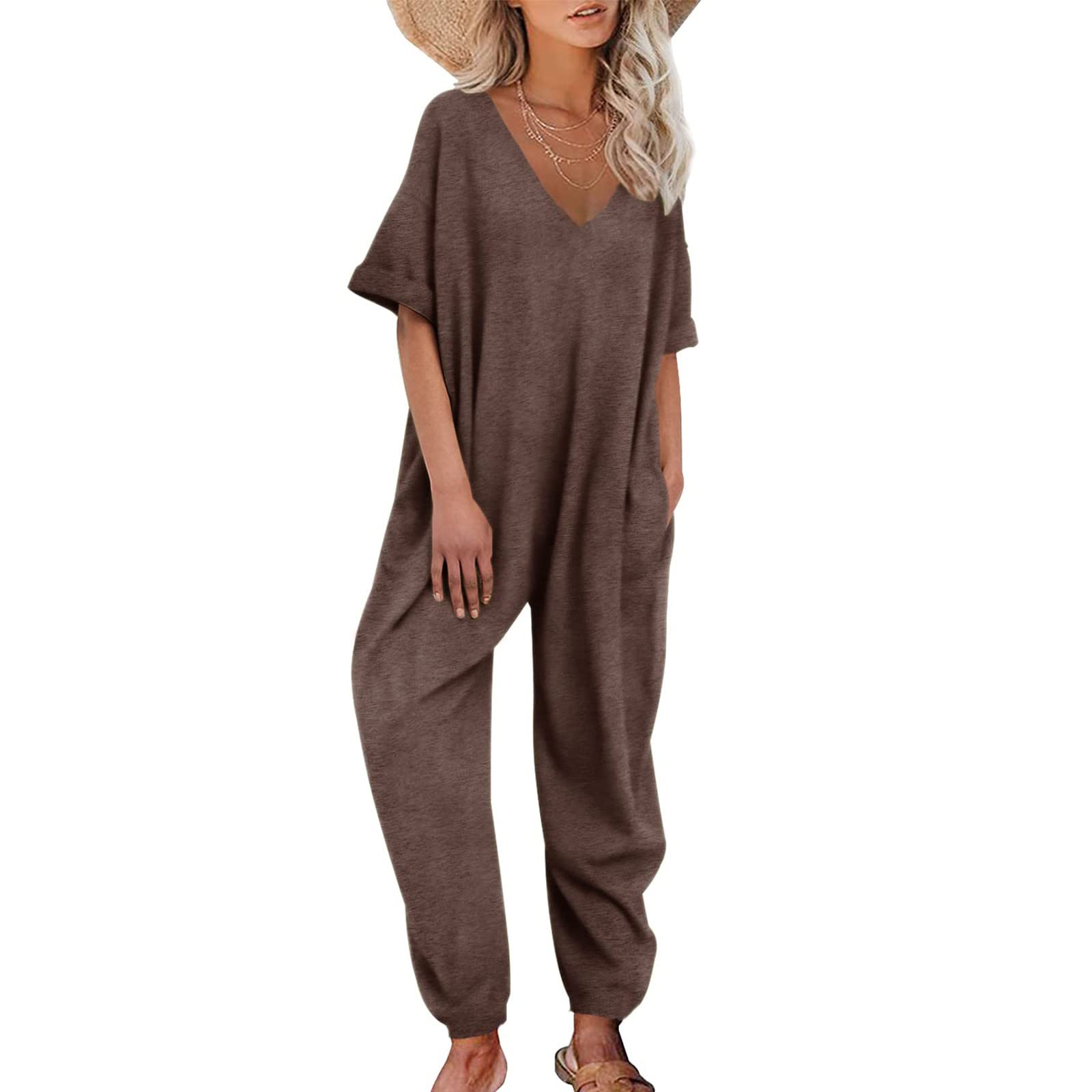 IQYU Salopette da donna, pantaloni da lavoro, estivi, in cotone, sottile, estivi, con scollo a V, con tasche, tuta sportiva