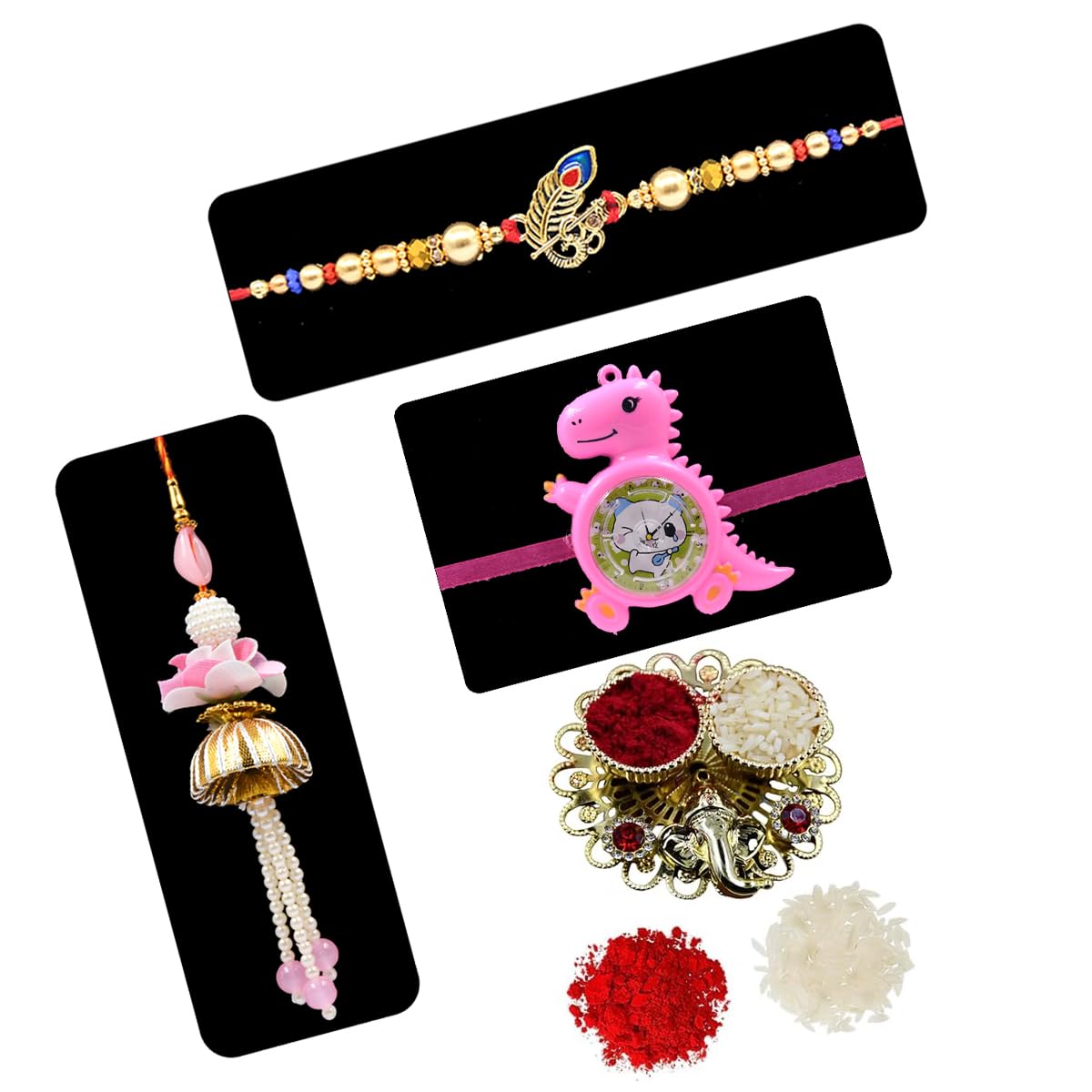 Natali Traders Rakhi for Bhai Bhabhi and Kid Combo with Roli Chawal Chopra - Flower Rakhee for Brother - Lumba Rakhee for Bhabhi - Family Rakhi Set of 3-image-7