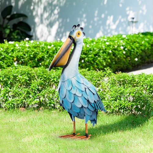 SUNREEK Metal Pelican Garden Statues Light Blue Pelican Coastal Decor for Outdoor Yard Beach Lawn Patio Pool Display (Color-1)