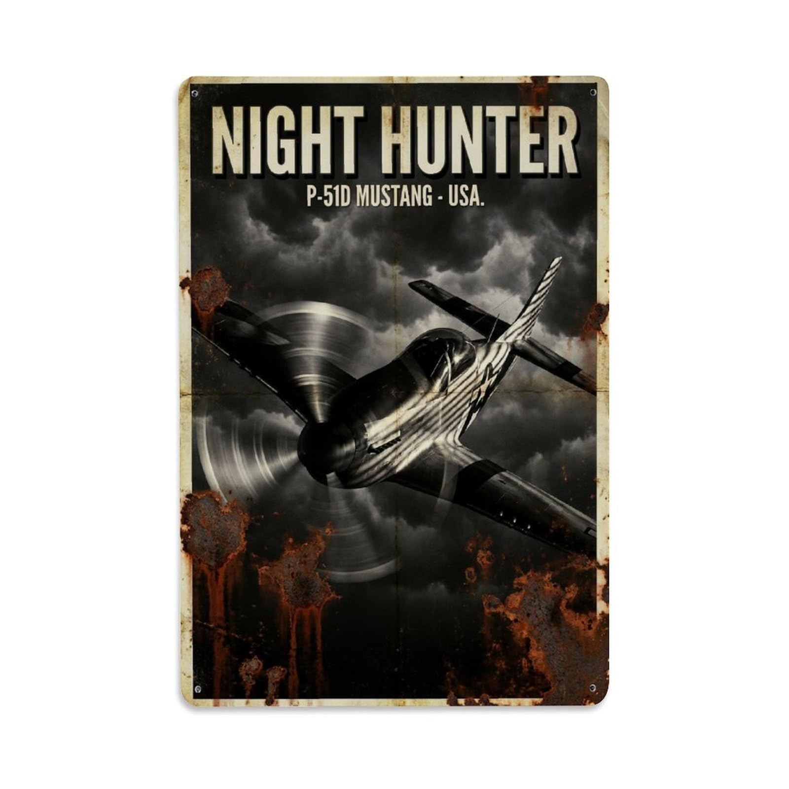 WWII Fighter Aircraft P-51D Mustang Black White Metal Tin Sign Plaque Wall Decor for Cafe, Man Cave, Club Bar, Office, Home Garden Round Metal Poster 8x12Inch