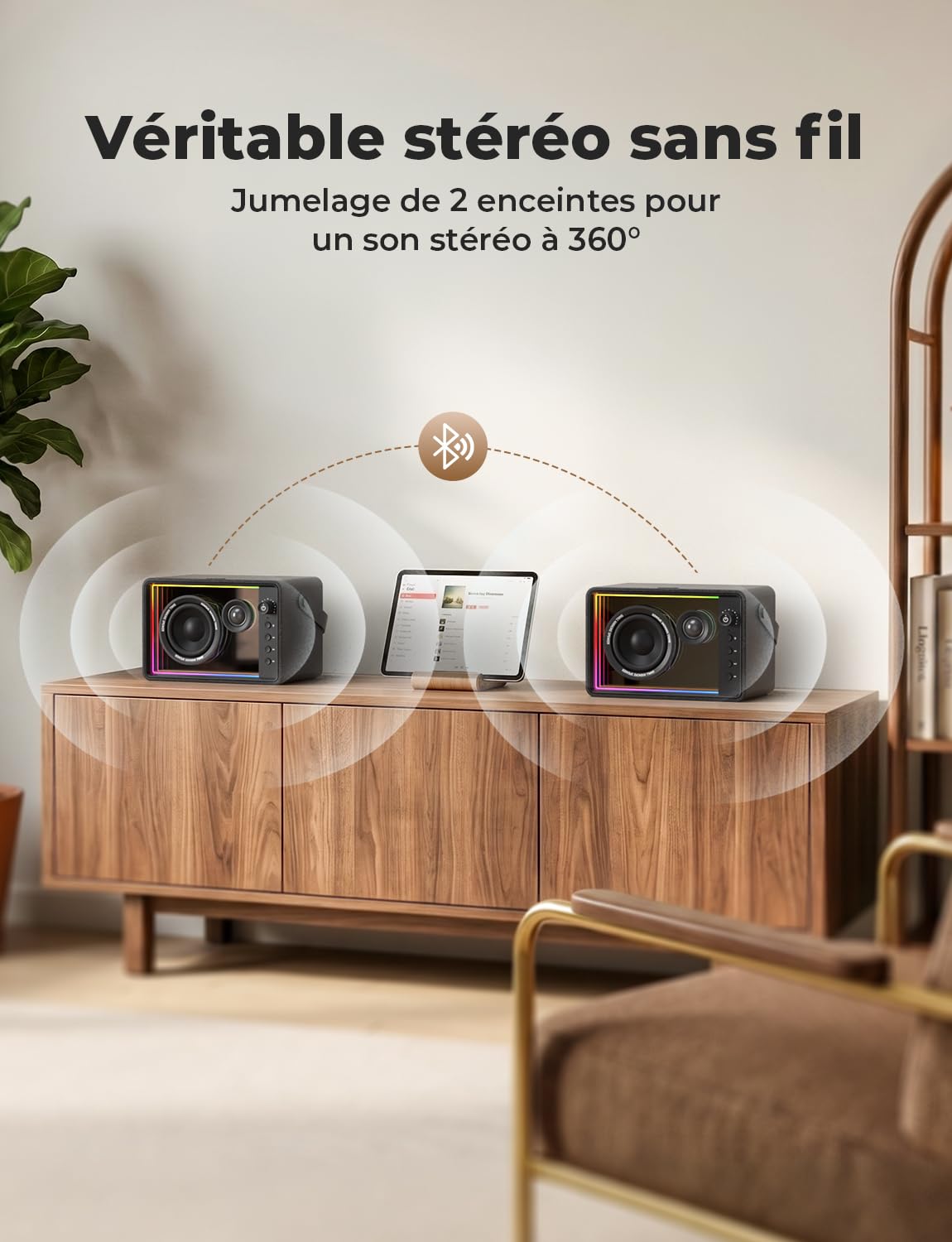 RIENOK Enceinte Bluetooth 40W, Tweeter et Woofer Haut Parleur Puissante Autonomie 15H, 8 Lumières RGB, Bluetooth 5.3, Son Stéréo sans Fil, Soutien AUX, Carte TF, Clé USB, pour Maison, Fêtes Soirées