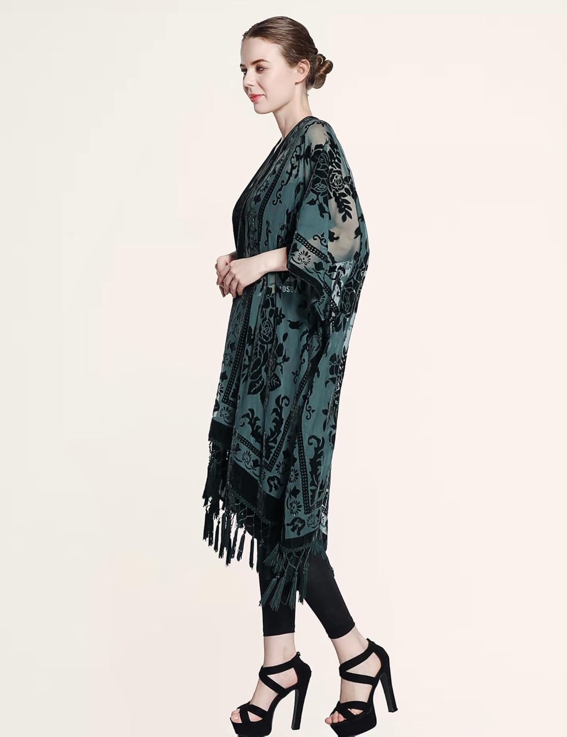 Women's Coverups Burnout Velvet Cardigan Casual Outfit Long Cover Up Kimono with Tassel - Image 6