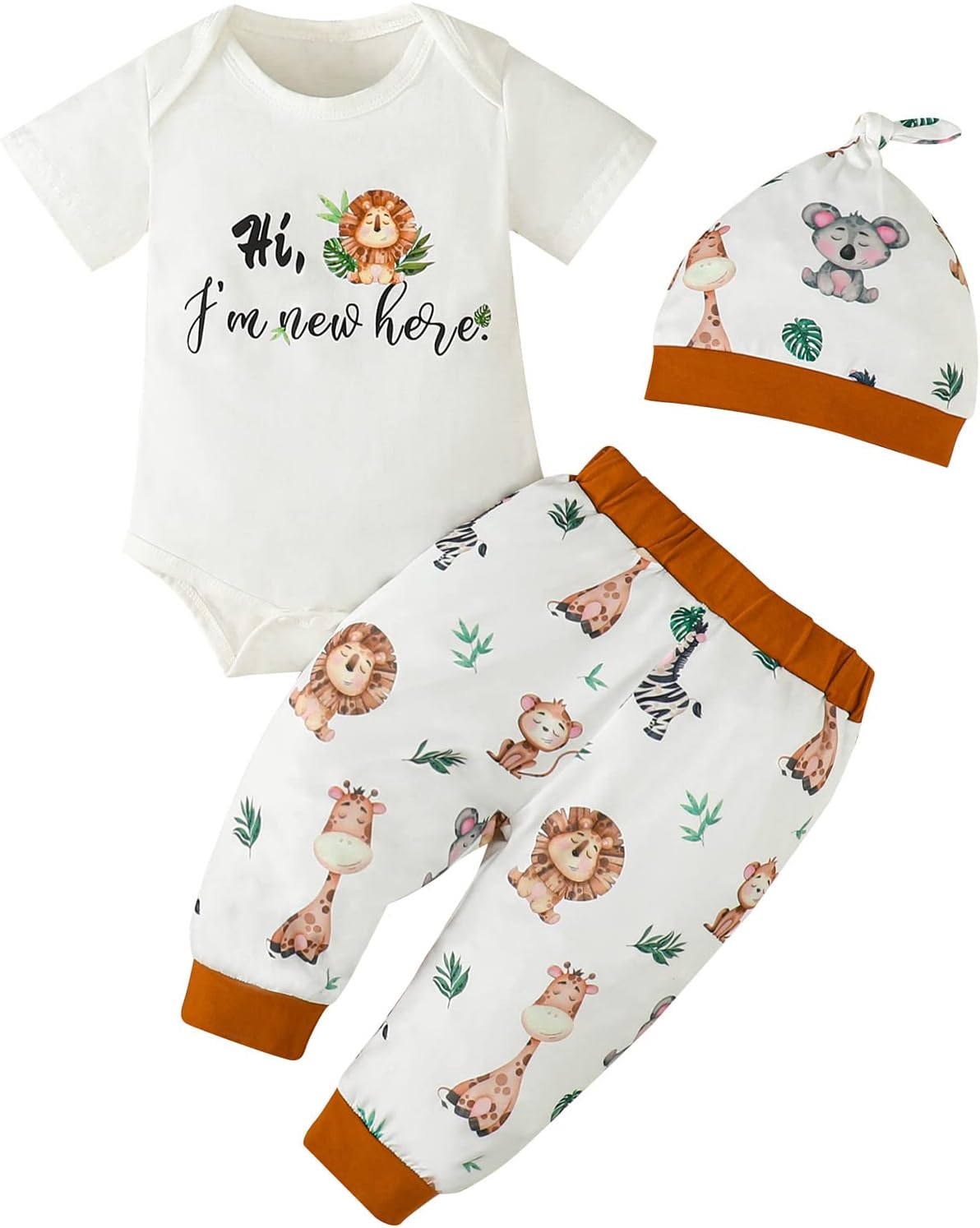 AslaylmeNewborn Boy Clothes Baby Outfits Animal Hi I'm New Here Bodysuit