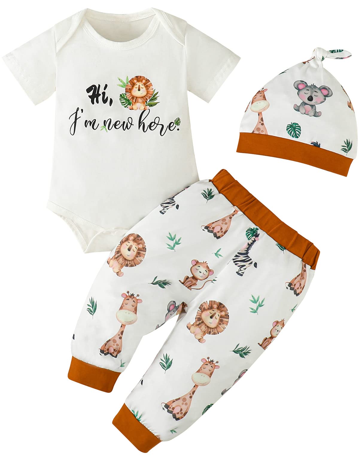 AslaylmeNewborn Boy Clothes Baby Outfits Animal Hi I'm New Here Bodysuit