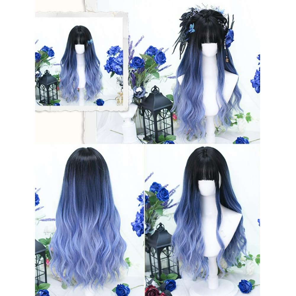 Amazon.com : SCORRO Long Hair Wig Gradient Color Black-blue 