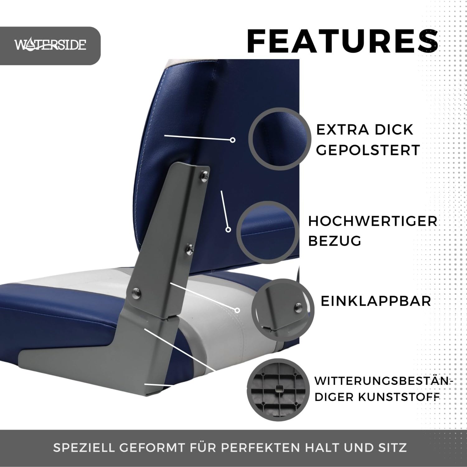 Waterside Captain Deluxe Bootssitz – Extra dick gepolsterter Profi-Angelstuhl – Klappbare Rückenlehne & Robuste Metallscharniere – Wasserabweisendes Kunstleder – Inklusive Montageschrauben