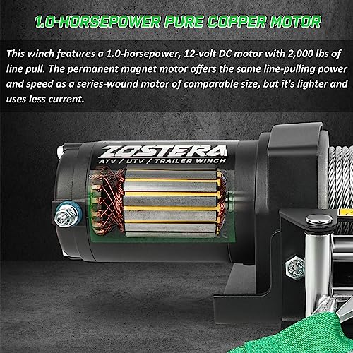 Image of 2000lb Winch for ATV, with Steel Cable,ATV Winch with Wired Manual Remote Control Switch,IP65 Waterproof,with Mounting Plate,with Roller Fairlead&Hook