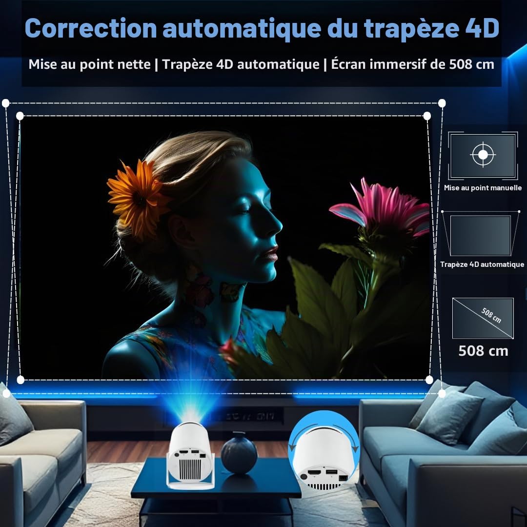Videoprojecteur 4K, Mini Projecteur Portable, WiFi 6, Bluetooth 5.2, Android TV, HD 720P, Compatible Téléphone/PC/Laptop/Fire Stick, HDMI, Home Cinéma, Correction Auto, Rotation 180°