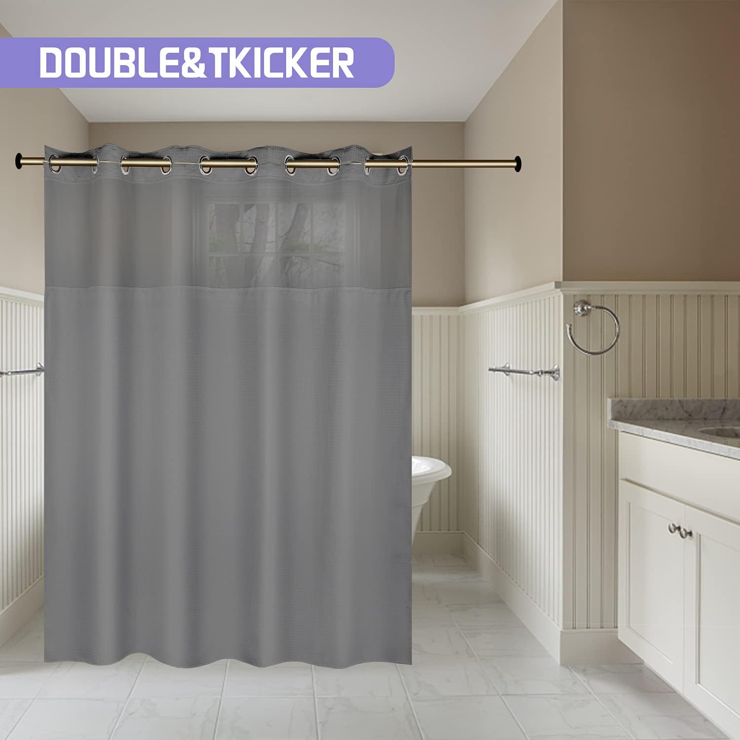 No Hook Shower Curtain with Snap-in Fabric Liner Set, Thickening Waffle Weave Fabric Shower Curtains for Bathroom Hotel with Mesh Top Window, Waterproof & Machine Washable - Grey 74"X71"