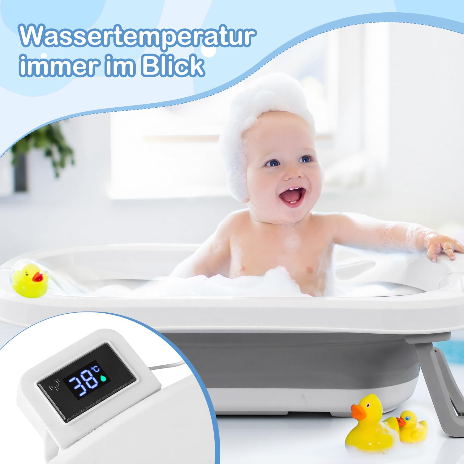 Bañera plegable para bebés con estructura y térmica, color gris con asiento de baño y termómetro extraíble, ahorra espacio, plegable para recién nacidos de hasta 3 años