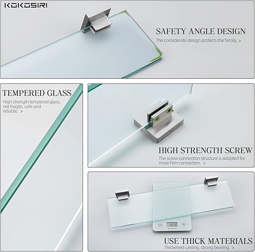 Miniatura 7 de KOKOSIRI Estantes de pared flotantes de vidrio de baño para almacenamiento de cocina, 16 x 5.6 pulgadas, vidrio templado montado en la pared, acero