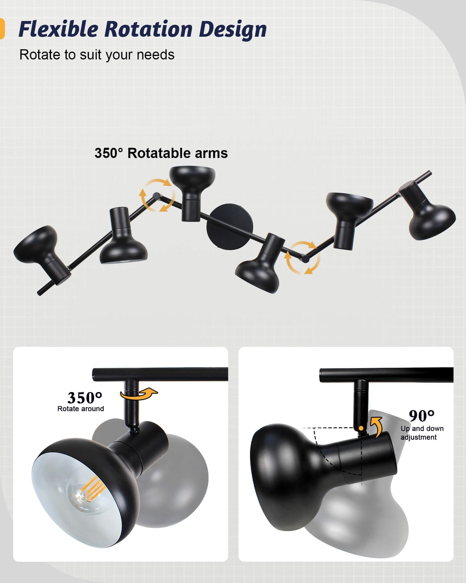 Iluminación de pista de 6 luces, lámpara de techo giratoria direccional, foco negro de granja para cocina, sala de estar, oficina, base E12 (bombillas no incluidas) 2