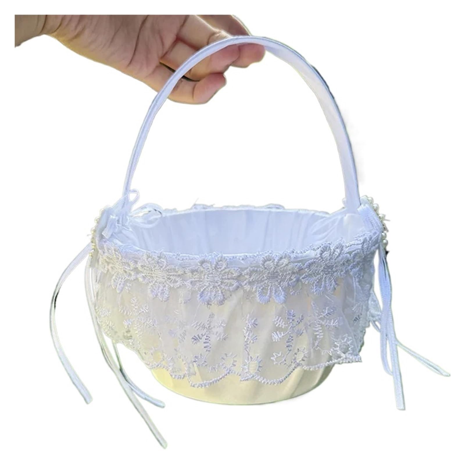 Wedding Petal Confetti Basket, Flower Basket White Satin Diamond Bow Handheld Scattering Wedding Party Bride