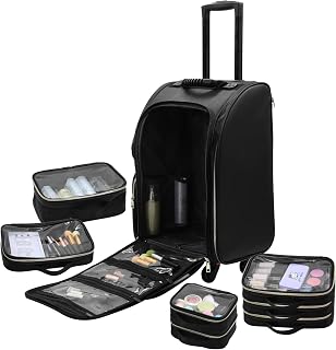 SLOVENIA Nylon Professional Rolling Makeup Case, Soft Sided Make Up Train Case, Travel Organizer Portable With Wheel For Makeup Artist Cosmetology Nail Technician Hair Stylist Supplies (01)