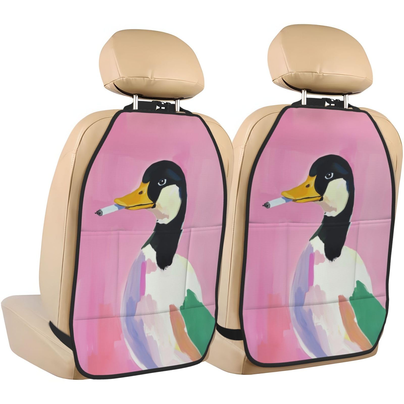 Duck Smoking Funny Car Seat Back Kick Protectors,2 Pack Kick Mats with Storage Pockets for Vehicles to Protect from Dirt Mud Scratches