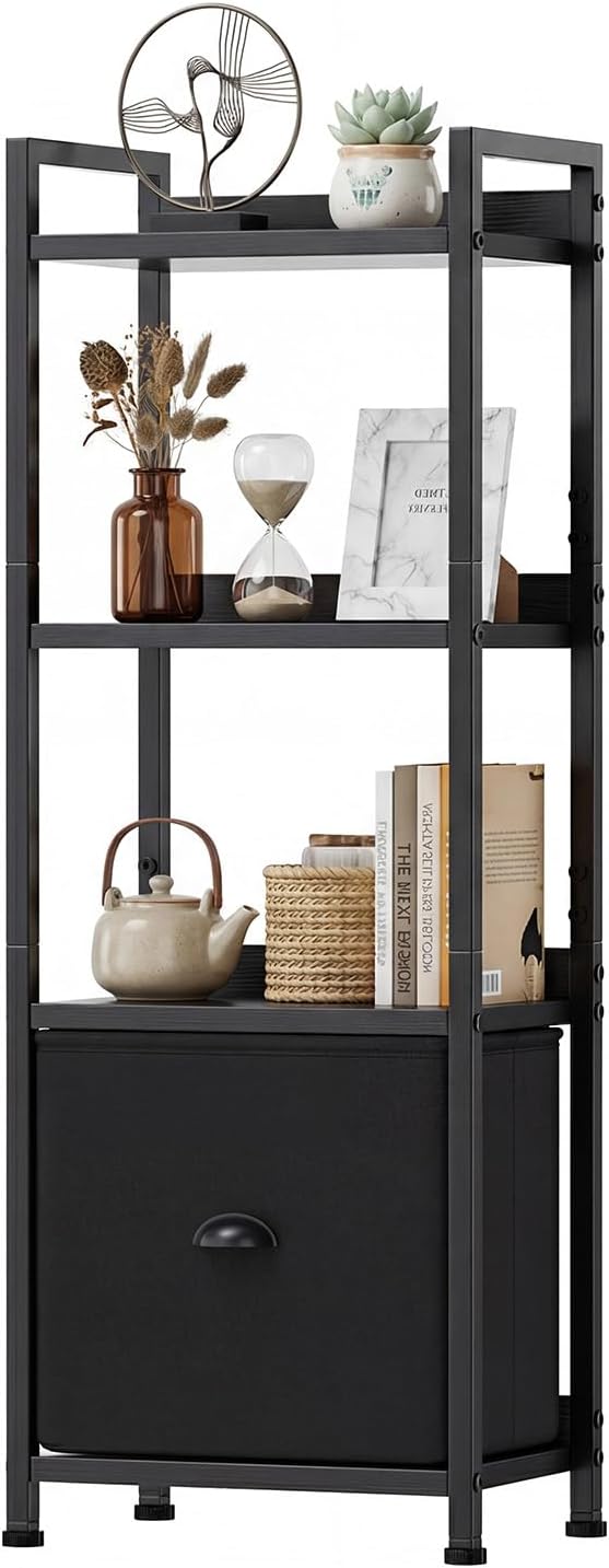 DUMOS 4 Tier Bookshelf with Fabric Drawer, Display Standing Shelf, Black