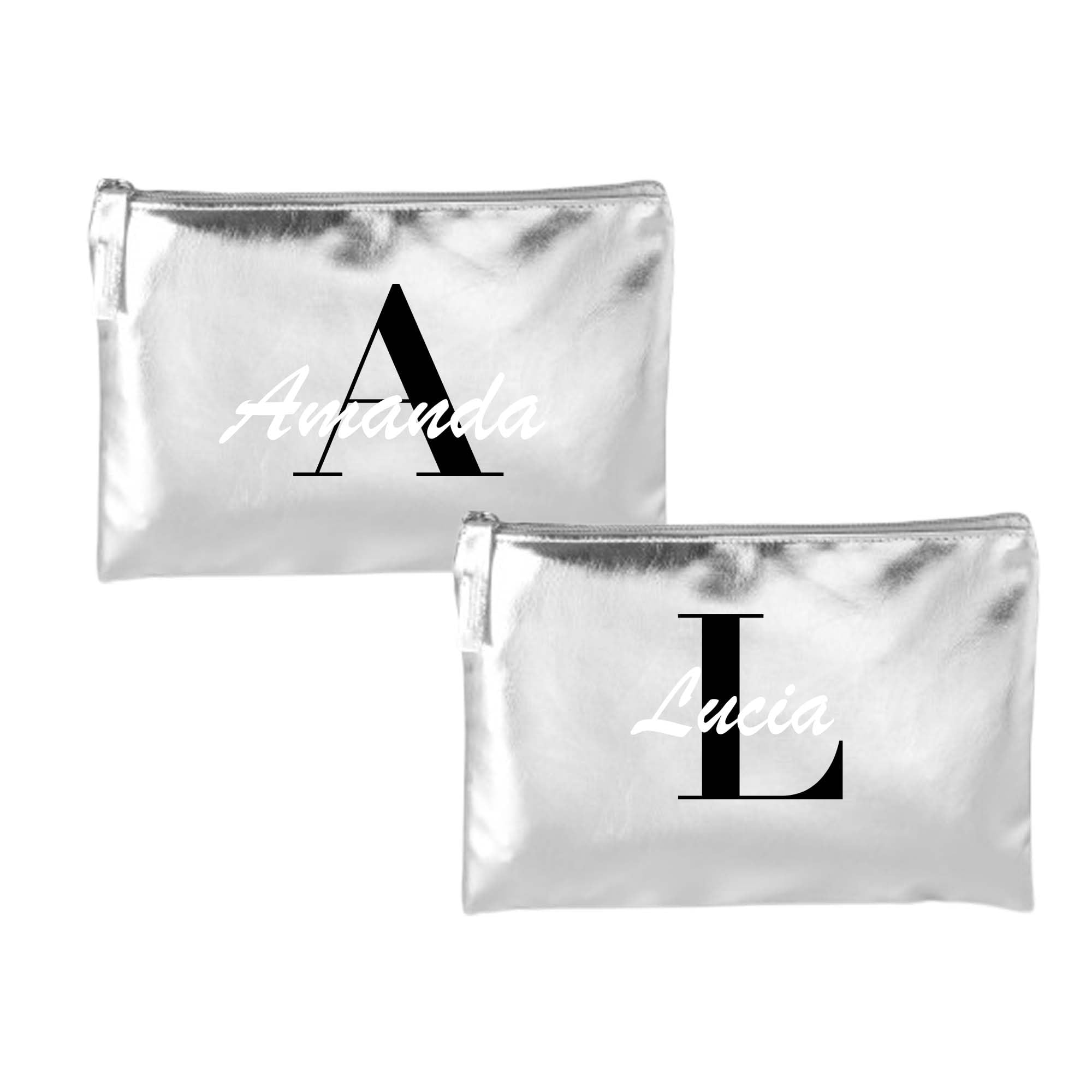 ELISA BOTELLA Pack 2 neceser personalizado con nombre e inicial, neceser color oro, neceser color plata de mujer, neceser elegante, neceser para regalo bodas, regalo mujer original (Pack 2 Neceser color PLATA)