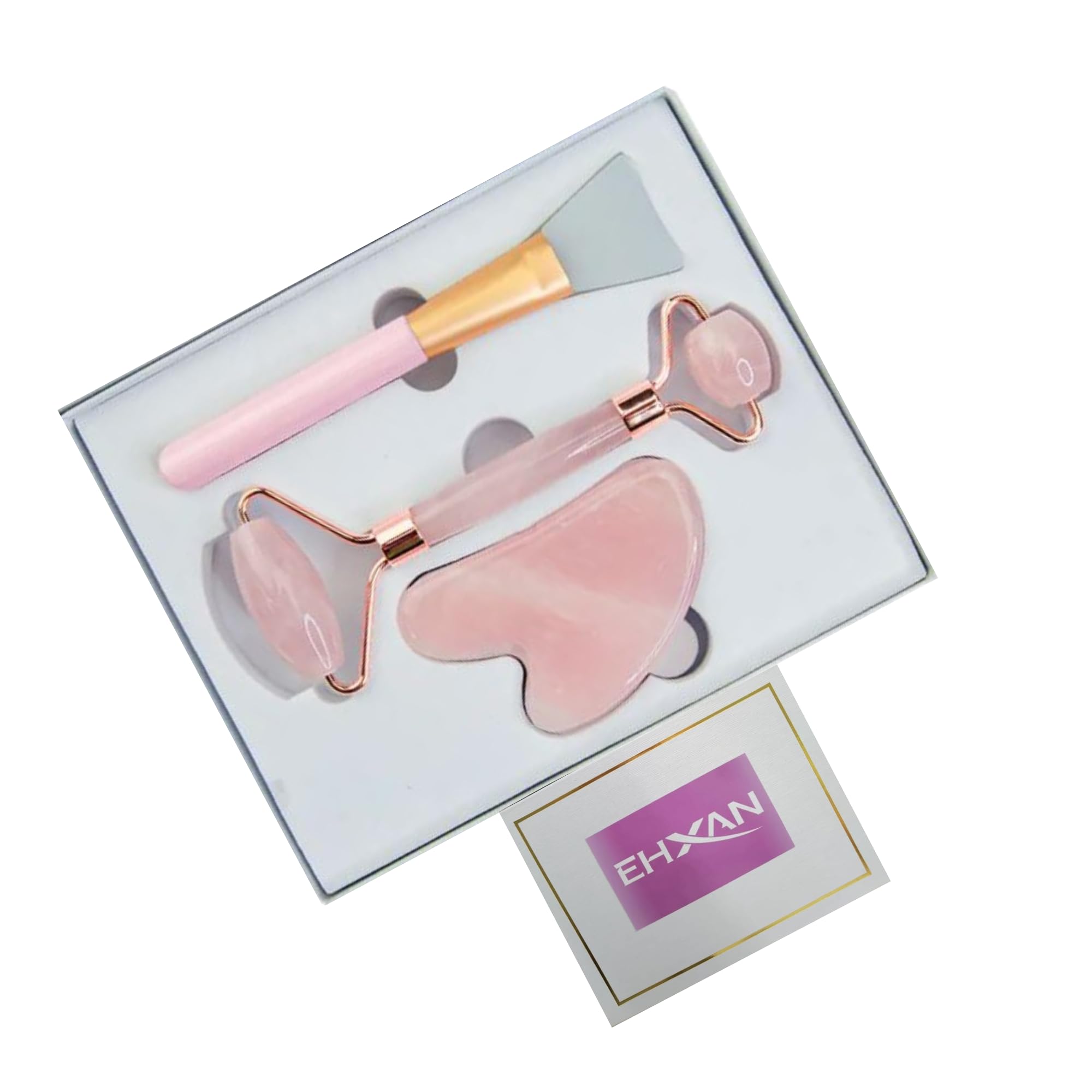 EHXAN Gua Sha 3 in 1 Kit includes Guasha Stone, Jade Roller and Brush, Rose Quartz Gua Sha Facial Tools, Scraping Anti-Ageing Face Massager, Facial Roller, Massage Stone for Face, Eyes, Body-Pink