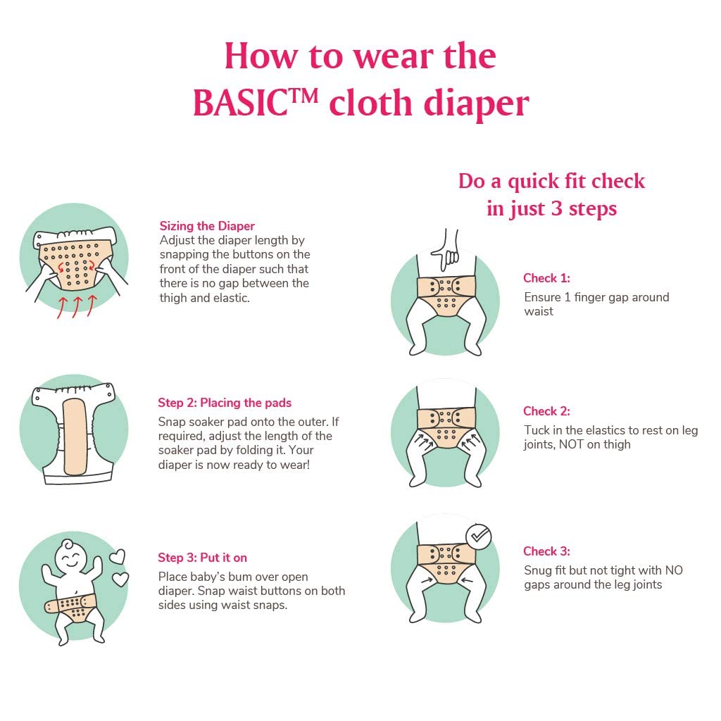 Superbottoms Basic Leakage-proof advanced cloth diapers for babies, High Absorbent 100% cotton 2 reusable diaper and 2 insert pad Combo Pack washable cloth diaper 3M -3Years Adjustable, Reduces Rash - Image 6 thumbnail