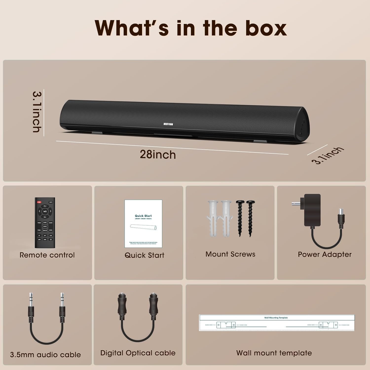 BESTISAN Soundbar, TV Sound Bar with Wired HDMI and Wireless Bluetooth 5.0 Home Theater System (28 Inch, Enhanced Bass Technology, 3-Inch Drivers, Bass Adjustable, Wall Mountable, DSP) — Amazon image 7