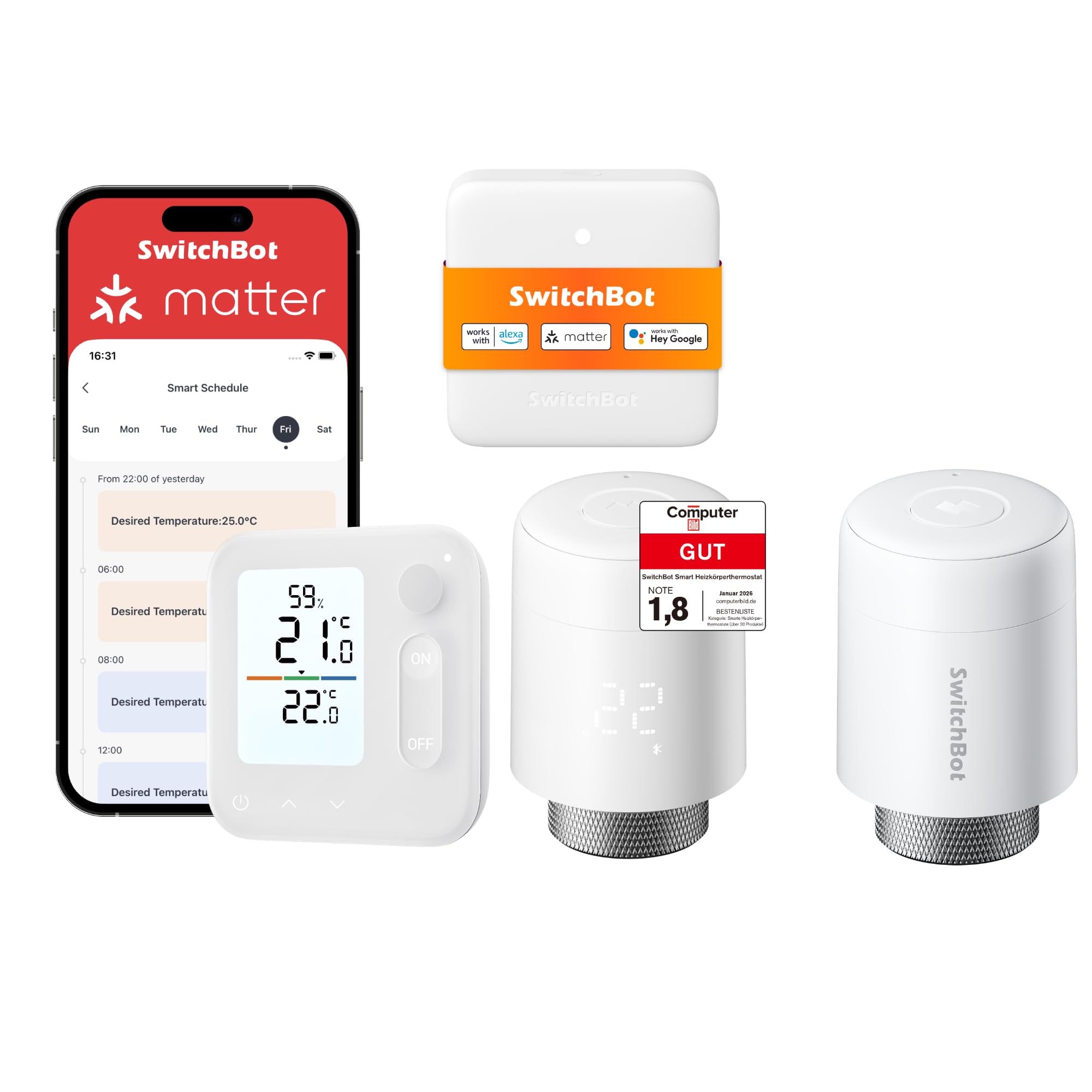 SwitchBot Smart Heizkörperthermostat 2er-Pack Matter Panel Combo – App- und Zeit-Steuerung, Energieseinsparung, einfache Installation, kompatibel mit Alexa, Apple Home und Home Assistant