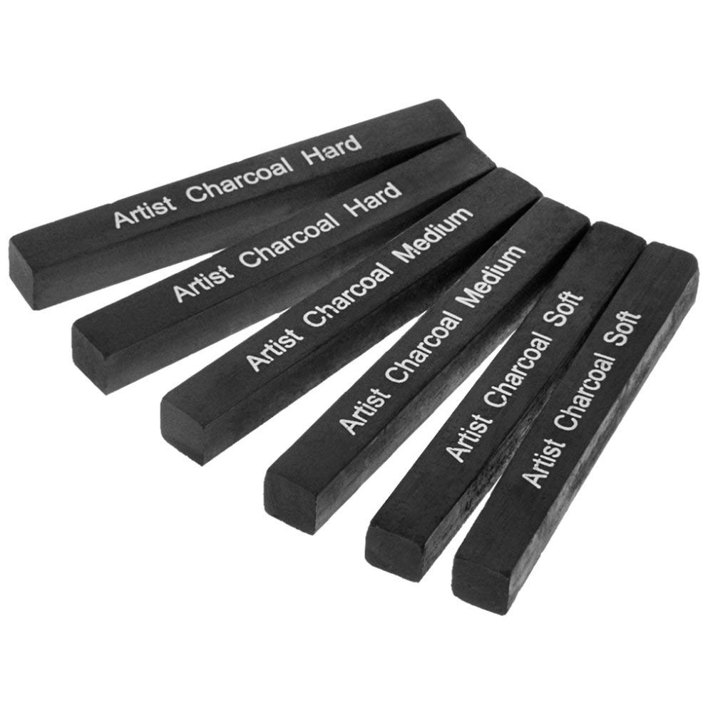 MSGH Square Compressed Charcoal Sticks Assorted, Soft, Medium, Hard, Pack of 6 1