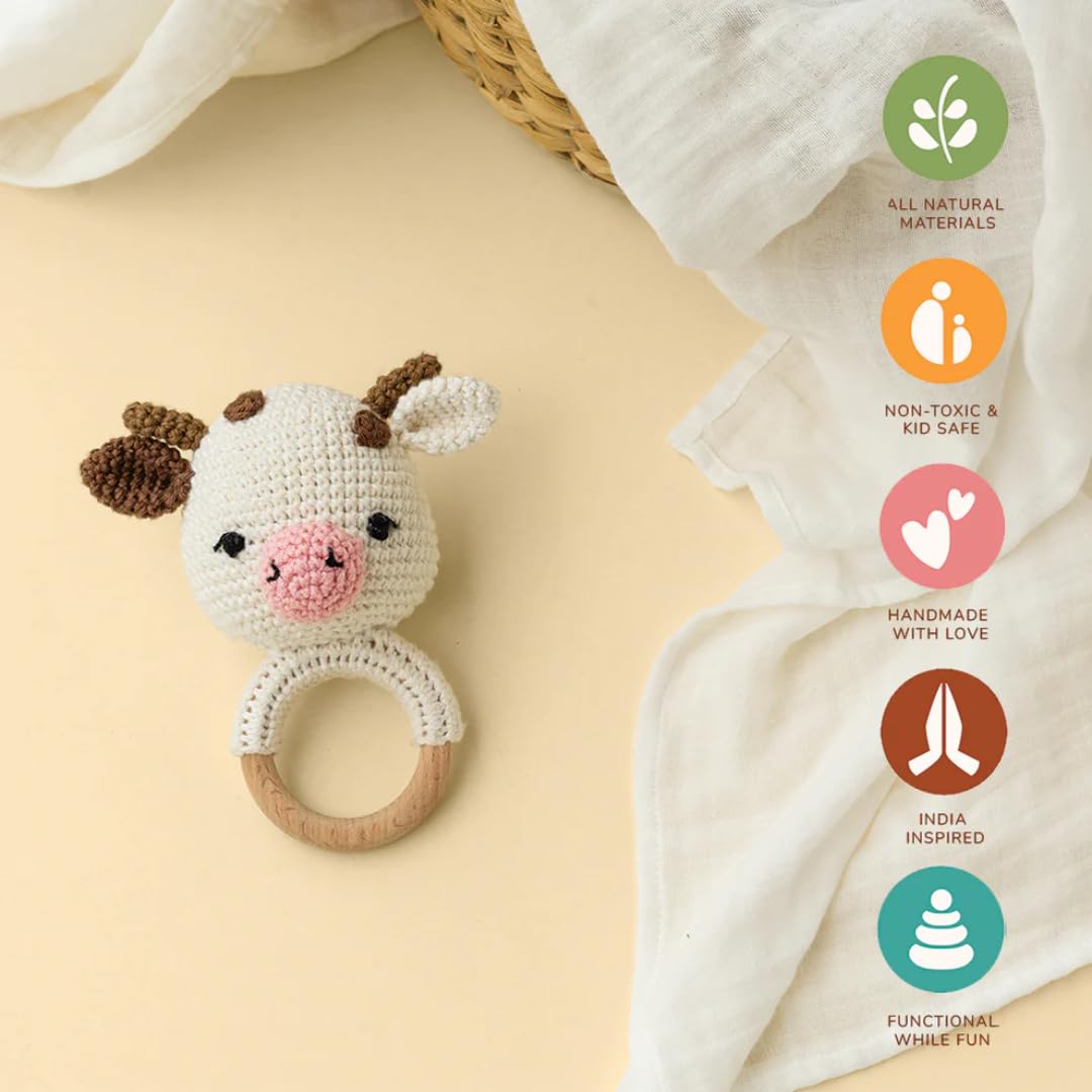 Gubbachhi Crochet & Wooden Rattle for Babies 0-6 Months | Handmade in India | Baby Rattle for Newborn Gifting | Helps Develop Motor & Sensory Skills | 100% Natural Cotton & Wood (AMBA Cow) 1