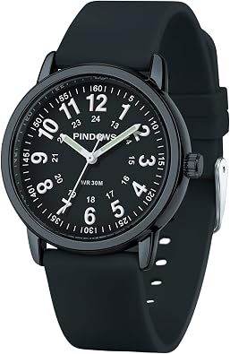 PINDOWS Women Analog Quartz Wrist Watch with Silicone Strap for Young Women Students Easy Read Waterproof Unisex Luminous Dial