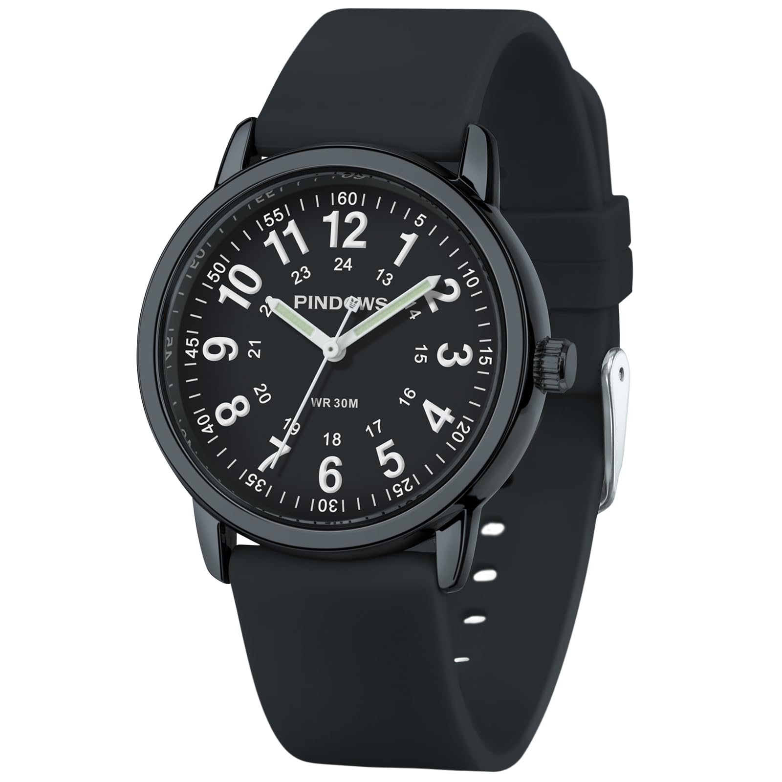 PINDOWS Women Analog Quartz Wrist Watch with Silicone Strap for Young Women Students Easy Read Waterproof Unisex Luminous Dial