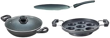 Prestige Aluminium Omega Deluxe Granite Kadhai, 26cm, Black&Prestige Omega Select Plus Residue, 20cm, Black&Prestige Aluminium Omega Select Plus Non-Stick Concave Tawa, 25 cm,Black