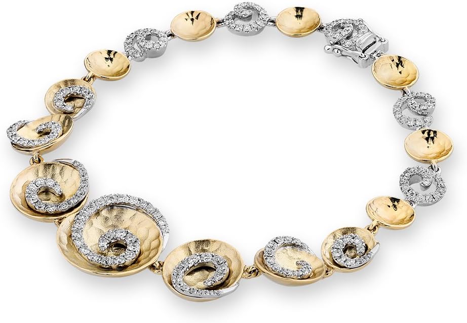 18K Yellow & White Gold Sea Shell Shaped with Hammer Effect Diamond Linked Bracelet 6.5" + 1" (1.21ct,G-H Color,SI1-SI2 Clarity)