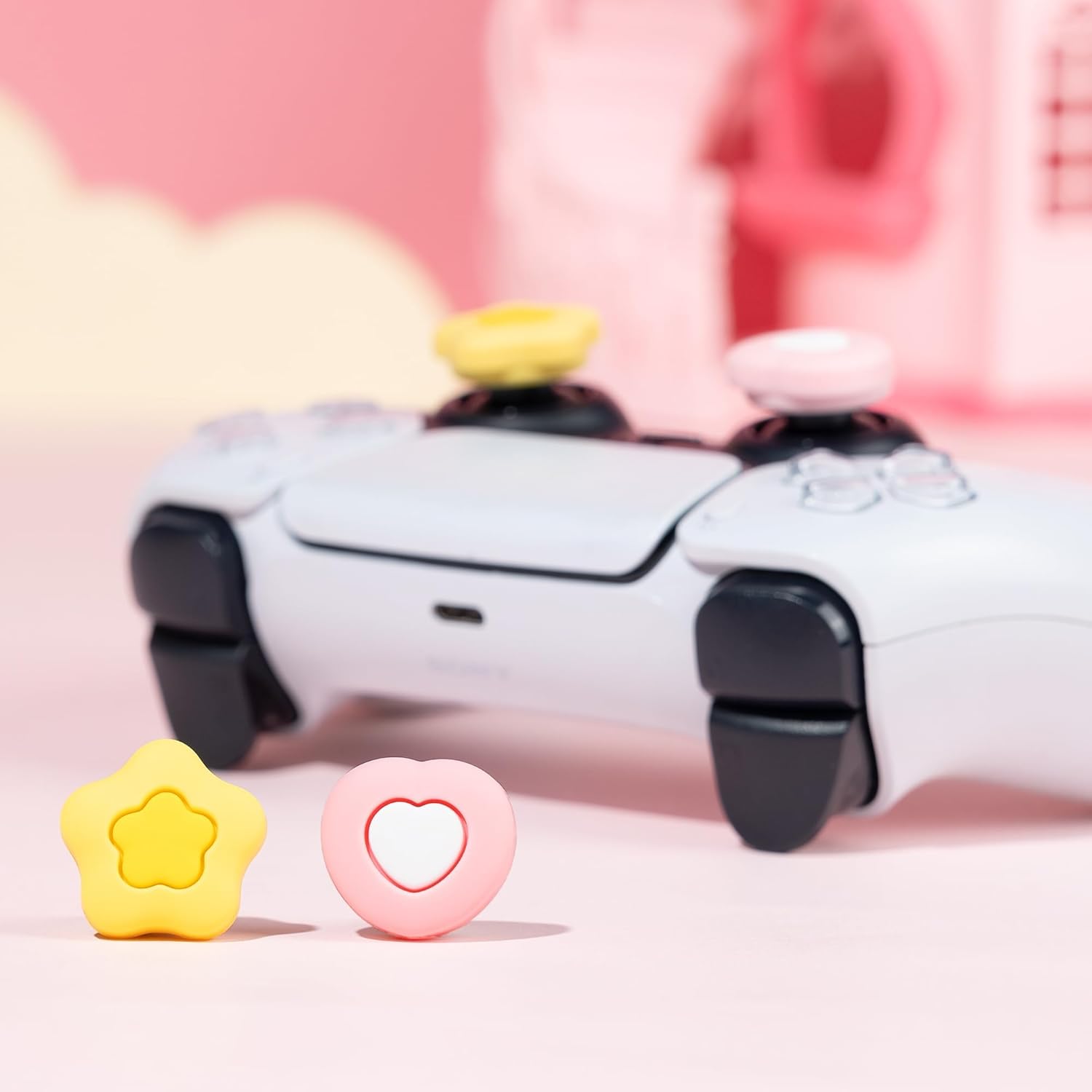 GeekShare Cute Thumb Grip Caps for PS5 Controller, Thumbsticks Cover Set Compatible with Switch Pro Controller and PS4 PS5 Controller, 4Pcs - Cream Heart