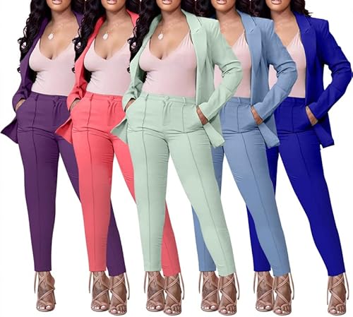 Women's Two Piece Outfits Pants Set Button Down Long Sleeve Open Front Business Blazer And Pencil Pants Suits Set Purple X-Large #TOP1