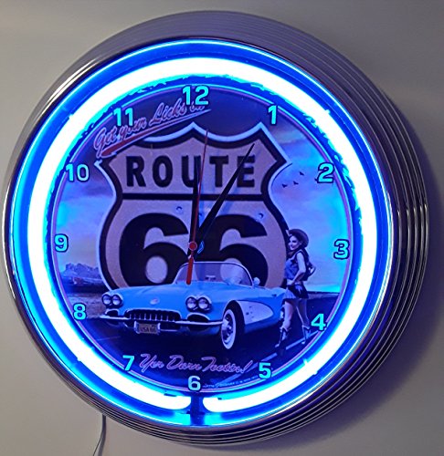 Neon Horloge Neon Clock – Blue Corvette C1 with pinup girl Horloge murale Wall Clock Shining with blue Neon Rim lumineux avec bague Fluo. bleues