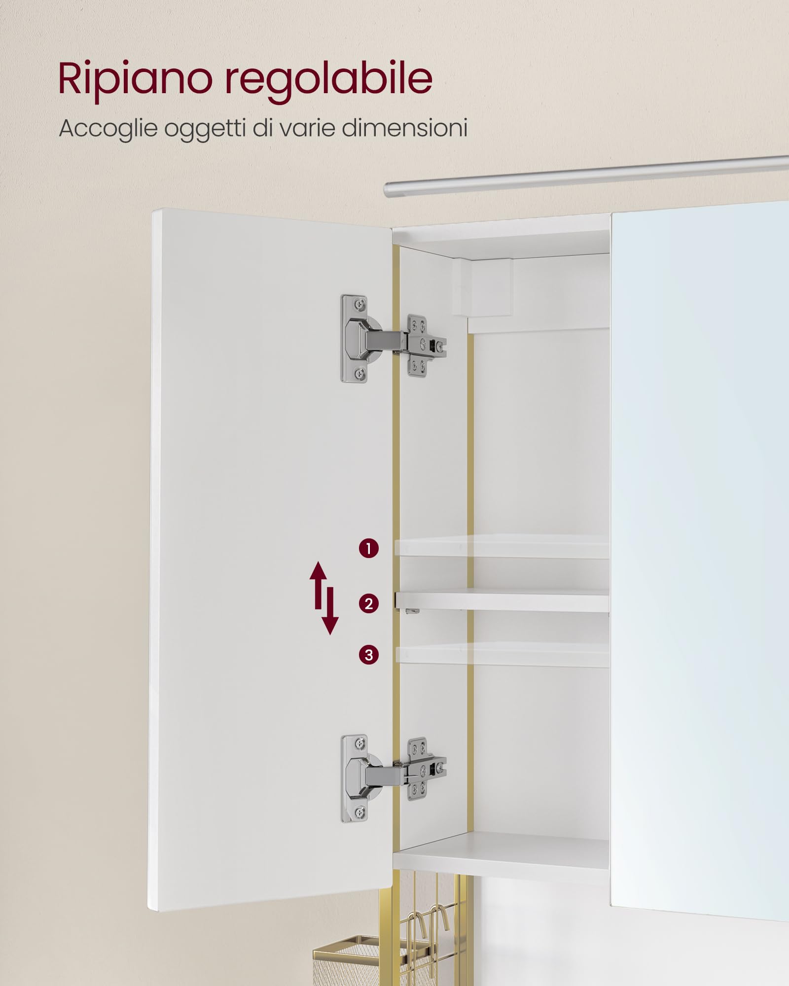VASAGLE Armadietto da Bagno con Specchio e 3 Ante, Mobile a Parete, Cestino, Porta Asciugacapelli, Capiente, Mobiletto Bagno da Muro, Bianco Nuvola e Oro Verde Chiaro BBK124A10
