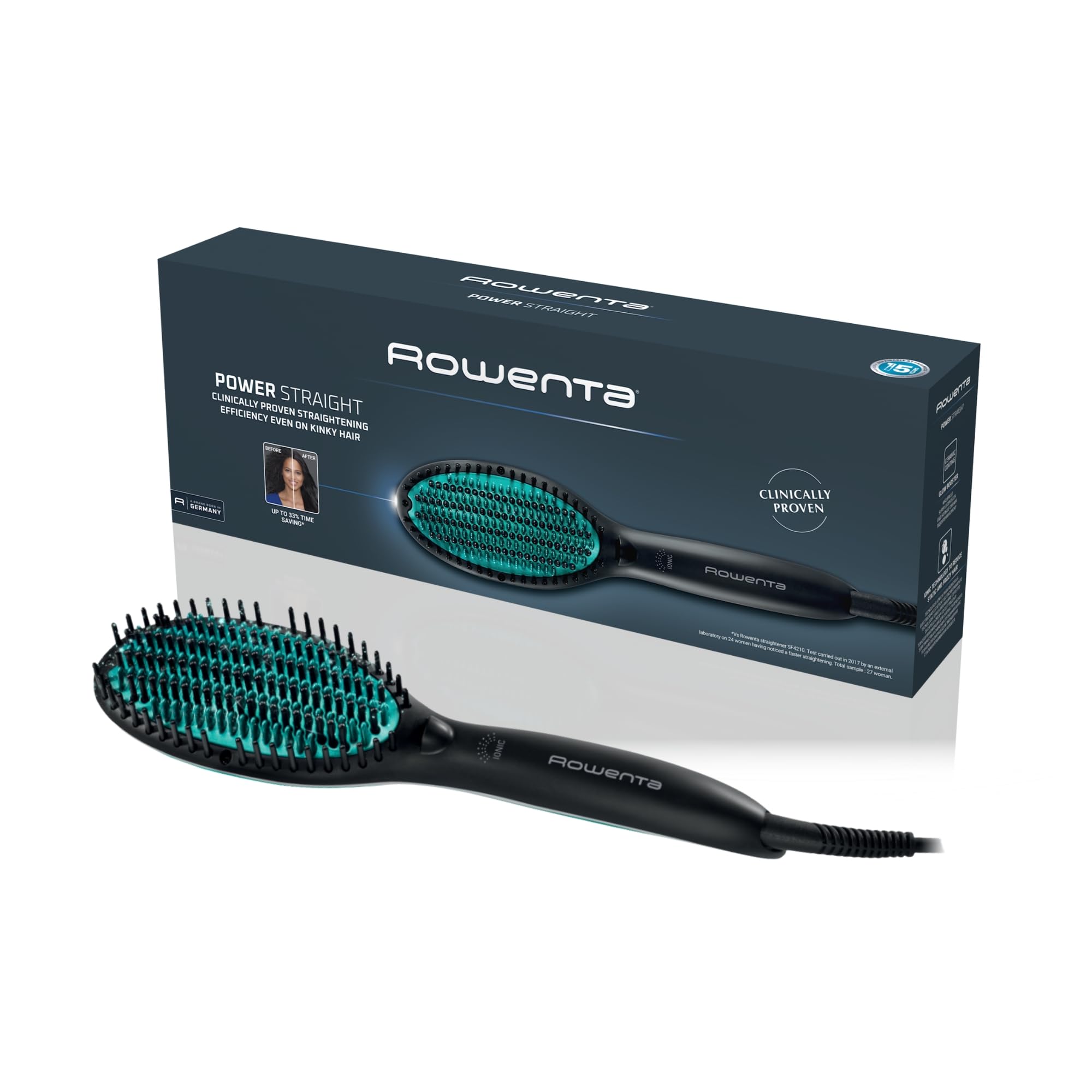 Rowenta CF5820 Power Straight, Spazzola Lisciante, Tempo di Riscaldamento 45 Secondi, Tecnologia in 3 passaggi, Rete con 2 Tipi di setole, Thermo-Control, Nero