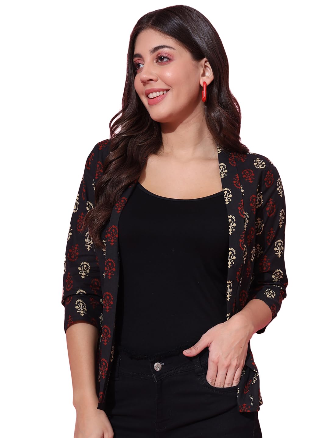 Women's Printed Cotton Open Front Shrug Black Red-image-33