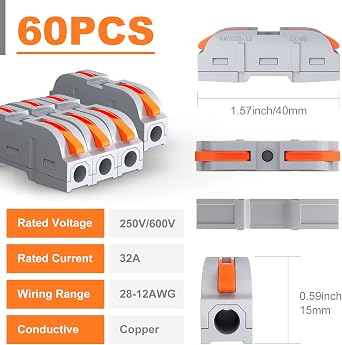 Joinfworld 60 PCS Wire Connectors,1 to 1 Inline Electrical Wire Connectors