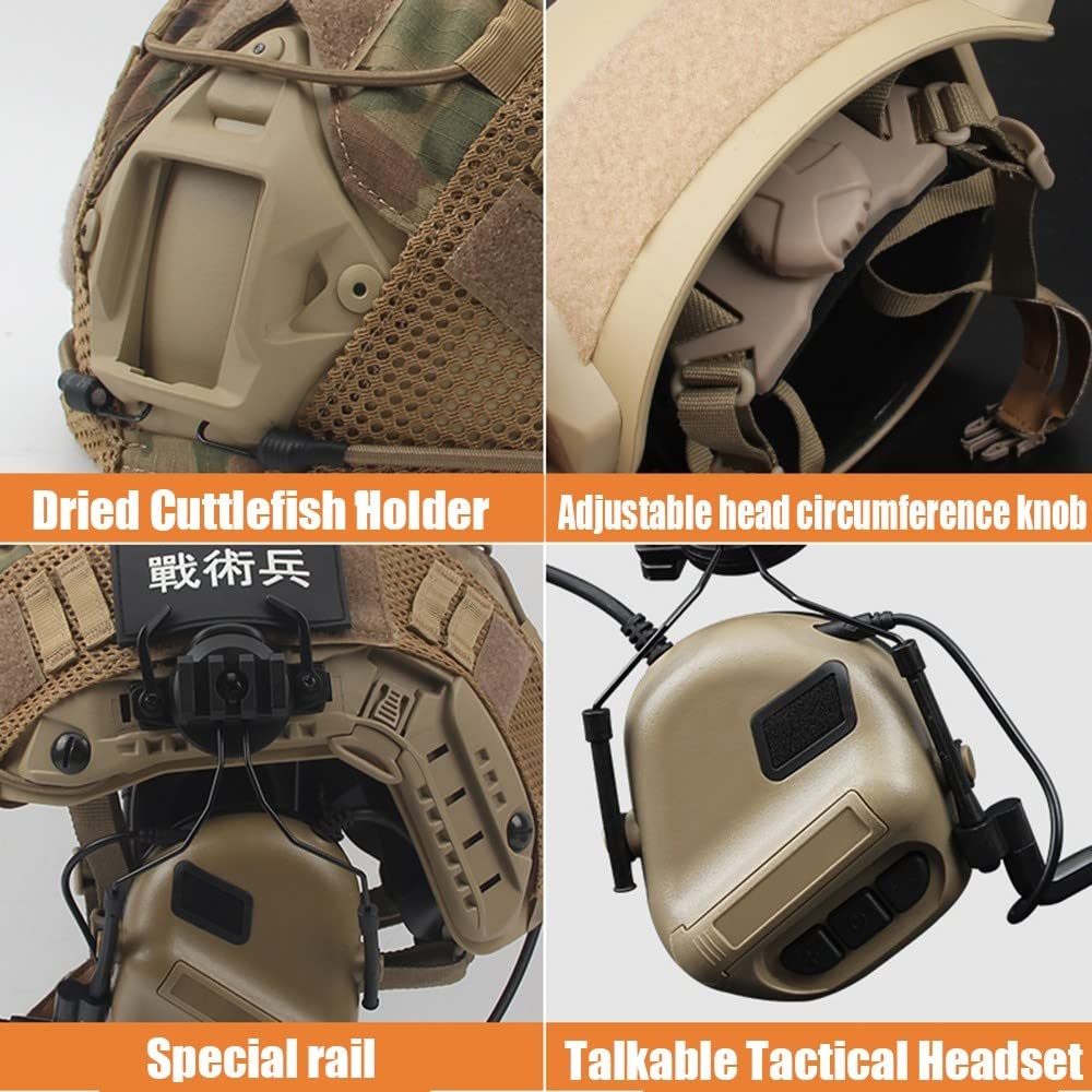 Set Casco Tattico, Leggero Stile Militare Copricapo di Sicurezza con Auricolare Tattico E Copertura per Casco per All'aperto Airsoft Paintball CS Game CQB Shooting
