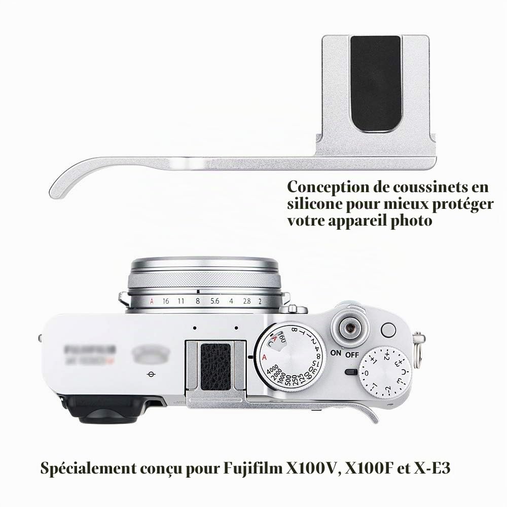 JJC Griffe pour Appareil Photo Fujifilm Fuji X100VI X100V, X100F et X-E4 X-E3, Prise en Main Plus équilibrée et Plus Pratique – Argent