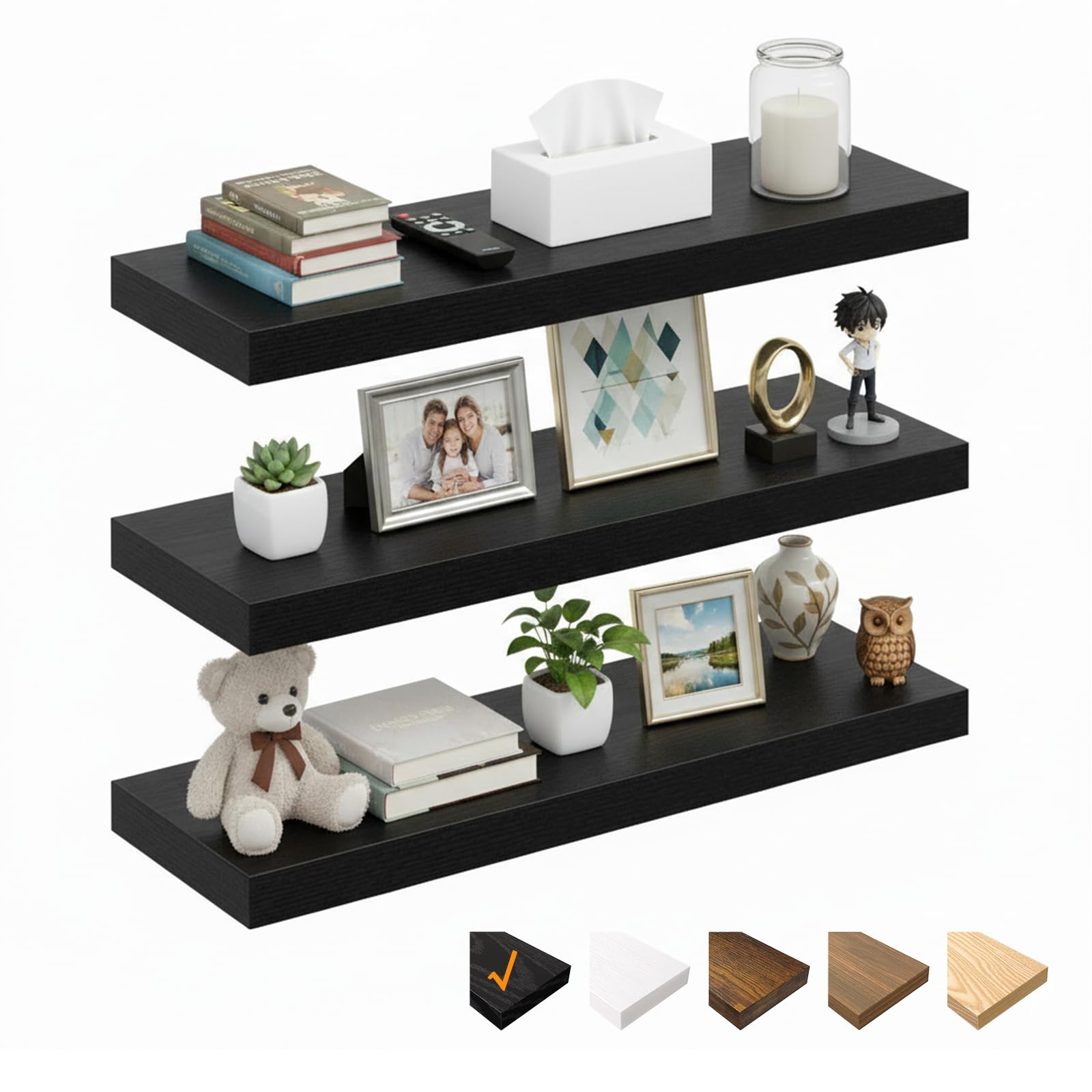 RICHER HOUSE 60cm Floating Shelves for wall, Black Wall Shelves with Invisible Brackets, Wooden Shelves MDF for Bathroom, Bedroom, Office, Living Room, Kitchen, Set of 3, 60 x 23.5 x 3.8 cm