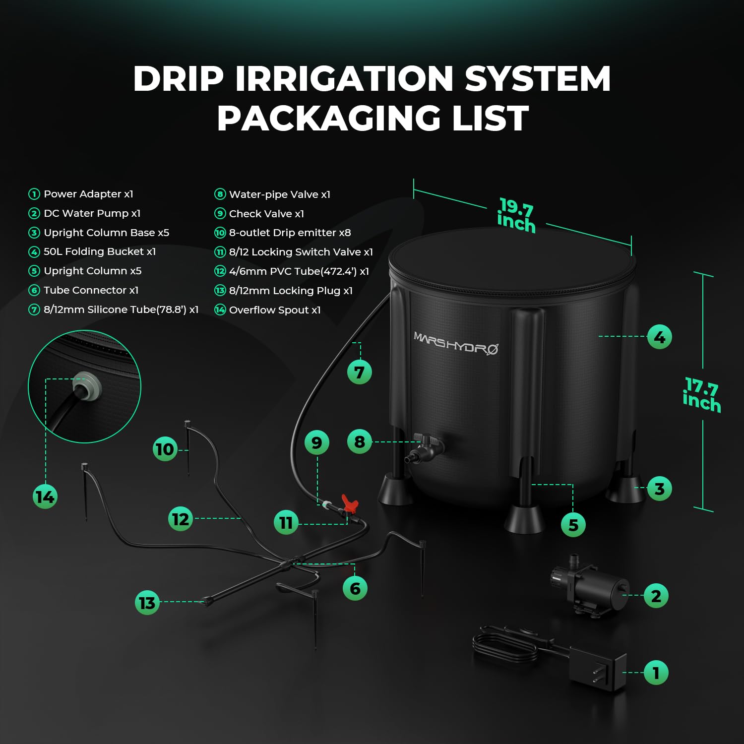 MARS HYDRO 2025 Kit di irrigazione a goccia automatica con secchio pieghevole da 5 l, pompa dell'acqua migliorata 24 W, 8 trasmettitori a goccia