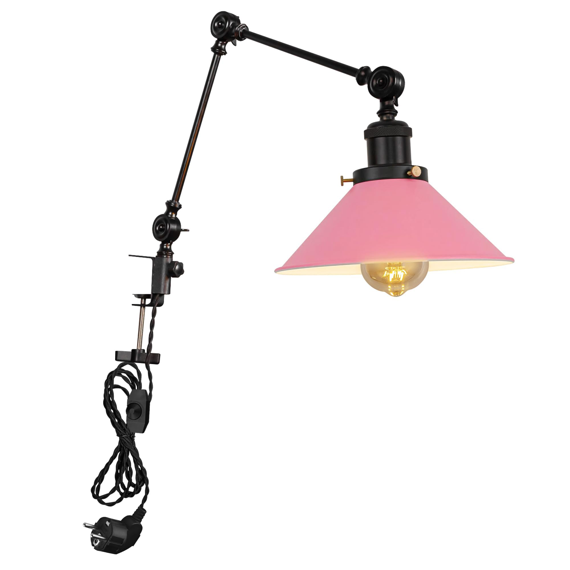 Lampada a morsetto industriale con 2,5 cavi interruttori, clip regolabile su lampada da lettura, lampada da comodino dimmerabile con braccio flessibile per scrivania, comodino, scaffale