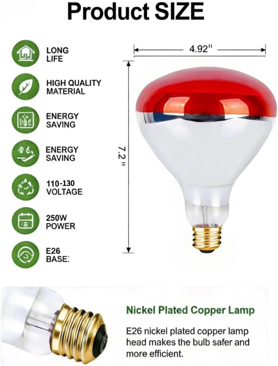 250 Watts R40 Red Heat Lamps Outdoor Bulbs,Reflector Heat Bulbs for Brooder Heater， Incandescent Spotlight for Pet, Bathroom, Food， E26, 120V, Efficient for Heating and Lighting，2 Pack.