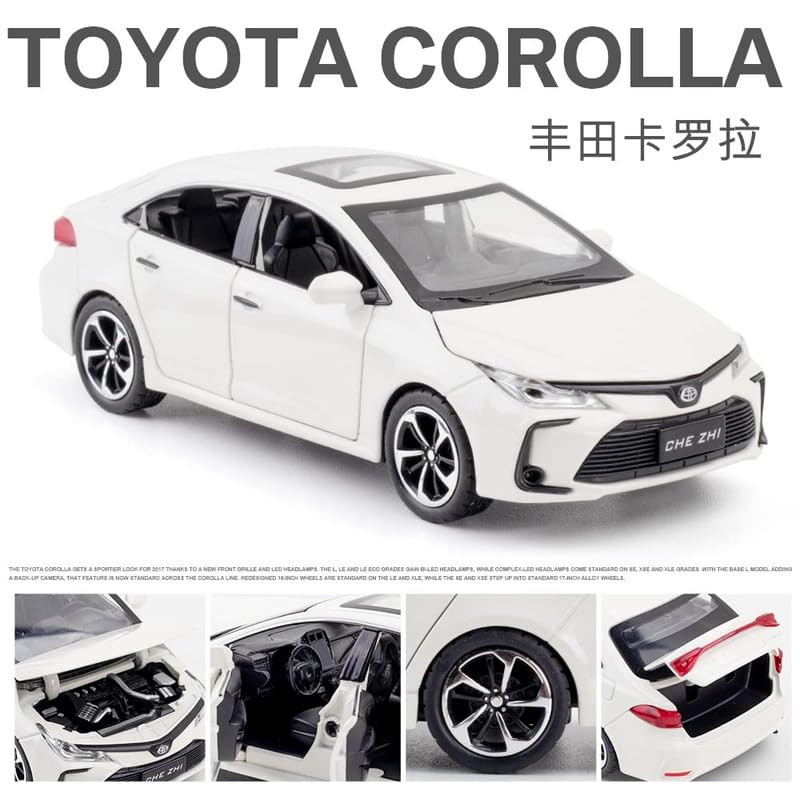 Image of Kids Model 1:32 Corolla Die Cast Metal Car Pull Back Action Opening Doors with Realistic Engine Sound Lights Toy Car Gift for Boys - White