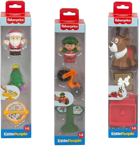 Mattel Fisher‑Price Little People 2023 - Juego completo de figuras navideñas de 3 paquetes – reno, trineo y regalo; elfo y triciclo; Papá Noel y