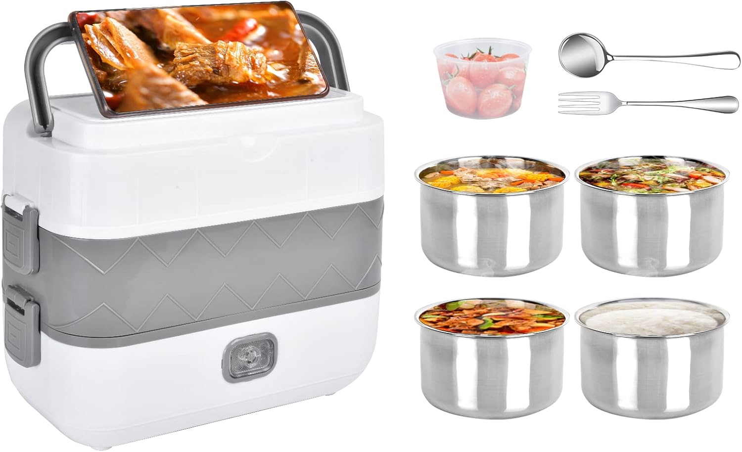 Electric Lunch Box, 200W Removable Heated Lunch Boxes for Working Men, 2L Capacity Food Faster Heater, Lunch Box Food Warmer for Home Office with 4 Stainless Steel Container, 1 Fork& Spoon