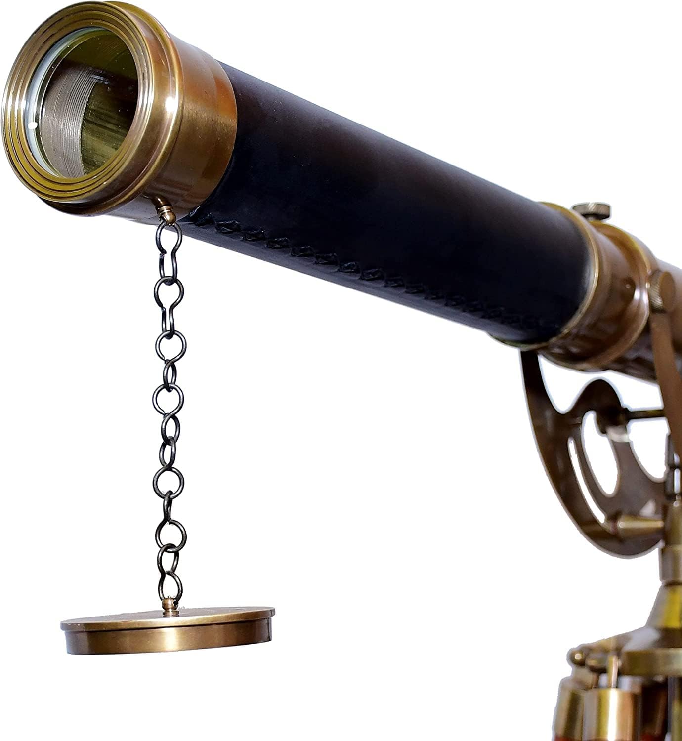 Nautical Decorative Telescope Floor Standing Brass Adjustable Teak Wood Tripod Antique Black Leather- Harbor Master