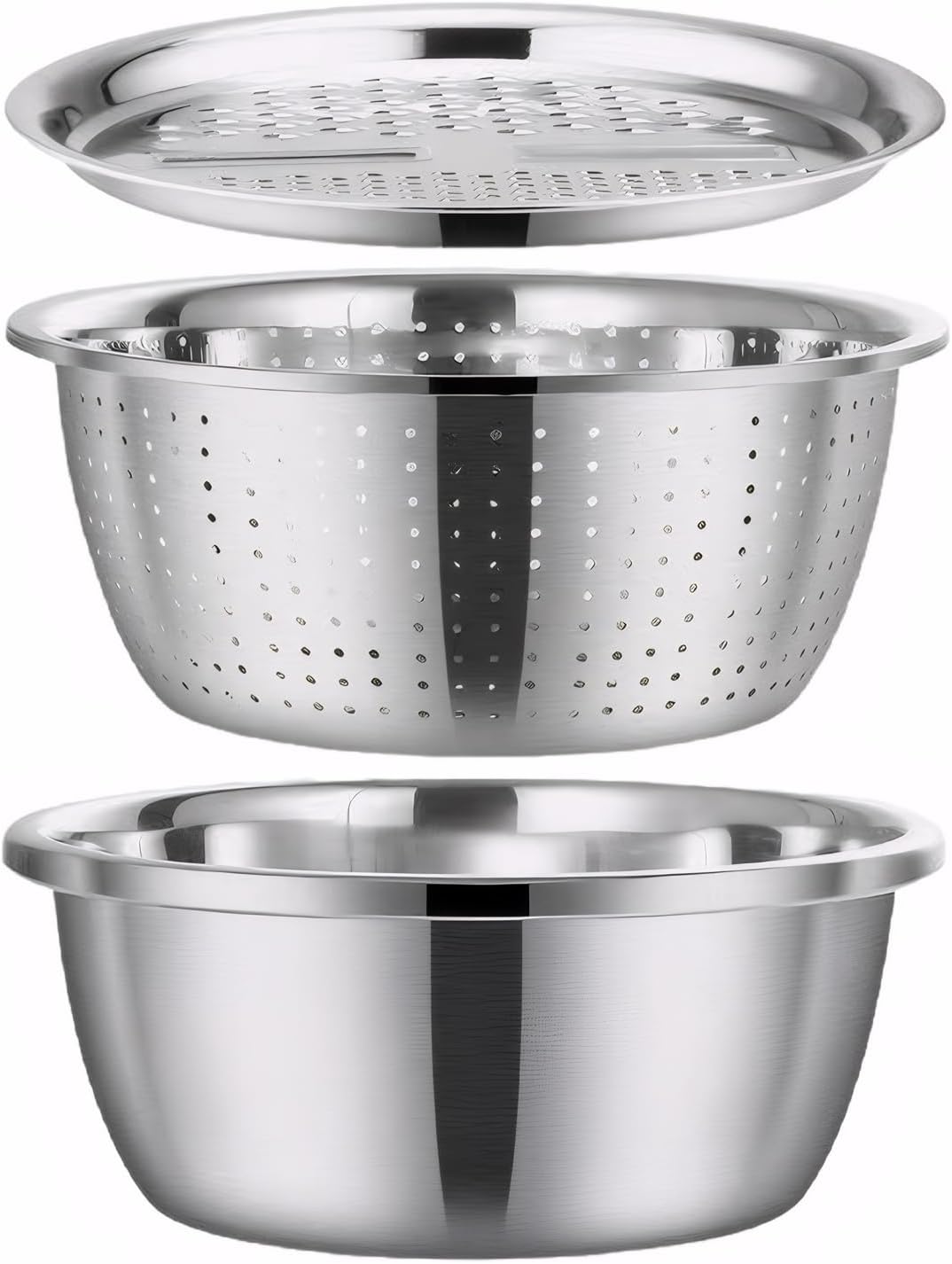 1 Set of Multifunctional Stainless Steel Basin,3-in-1 Stainless Steel Basin Strainer Set,Including Solid Basin Drainer and Grater,Easy to Clean and Improve Cooking Efficiency (10.24in)